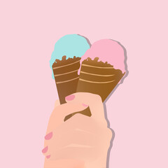 
hand with ice cream cone, pink background