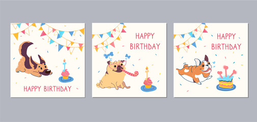 Happy birthday cards with funny cartoon pug, english bulldog, german shepherd. Garlands, festive cupcake with candles in the shape of a bone. Vector greeting card with cute animals, little puppies.