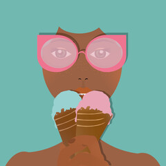 
girl with an ice cream cone, portrait of metisse child, with sunglasses, colorful illustration