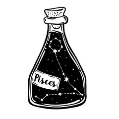 Glass Bottle with zodiac Pisces constellation inside. Vector ink illustration. Doodle style sketch, Black and white drawing isolated. Design for coloring book page for adults and kids.