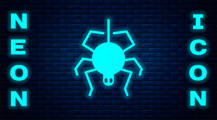 Glowing neon Spider icon isolated on brick wall background. Happy Halloween party. Vector.