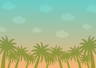 Naklejka na ściany i meble Vector illustration of sky and coconut palm trees with place for text. For invitation, greeting card, mailing, advertisement of travel agency, poster, article, promotion, web and advertising banner.