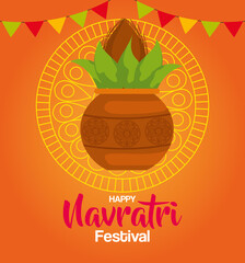 happy navratri celebration poster with plant in ceramic and garlands hanging