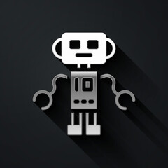 Silver Robot toy icon isolated on black background. Long shadow style. Vector.