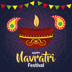 happy navratri celebration poster with candle light and garlands decoration