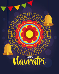 happy navratri celebration poster with gold circular frame and decoration