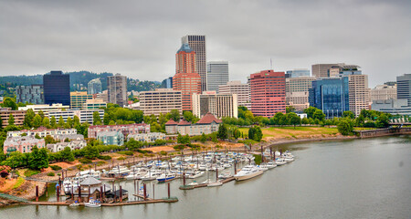 Portland, Oregon, USA - 8/8/2010:  View of downtown Portland skyline and the boat moorage basin