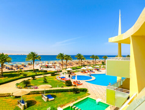Sharm El Sheikh, Egypt - April 8, 2017: The view of luxury hotel Barcelo Tiran Sharm 5 stars at day with blue sky