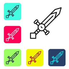 Black line Medieval sword icon isolated on white background. Medieval weapon. Set icons in color square buttons. Vector.