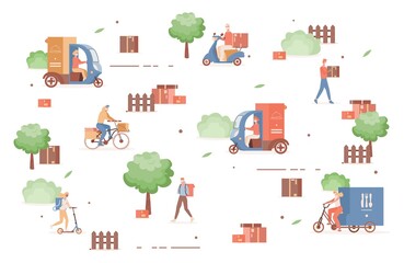 Fototapeta na wymiar Online fast delivery service during Coronavirus outbreak. People in respiratory masks driving scooters, bikes, and trucks with food and goods outdoor vector flat illustration.