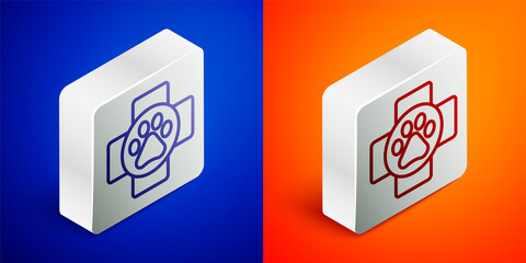 Isometric line Veterinary clinic symbol icon isolated on blue and orange background. Cross hospital sign. A stylized paw print dog or cat. Pet First Aid sign. Silver square button. Vector.