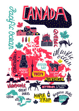 Illustrated hand-drawn typographic poster about Canada. Travel and attractions. Souvenir print