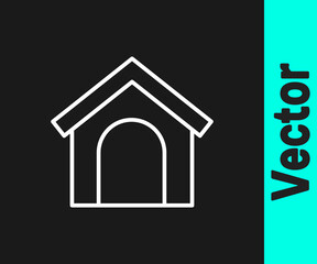 White line Dog house icon isolated on black background. Dog kennel. Vector.