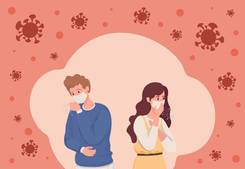 Young man and woman infected with Coronavirus vector flat illustration. People in medical face masks have a cough, surrounded by Covid-19 cells. Sick persons having cold.