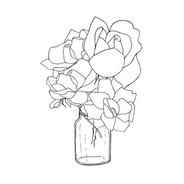 Doodle cute rose flower in jar. Monochrome sketch beautiful decorative plant image stock vector illustration for web, for print, for coloring book, for antistress page