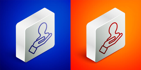 Isometric line Hand for search a people icon isolated on blue and orange background. Recruitment or selection concept. Search for employees and job. Silver square button. Vector.