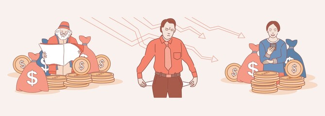 Economic success and bankruptcy vector cartoon outline illustration. Happy woman and old man surrounded by golden coins and sad angry man with pockets turned outward, having no money.