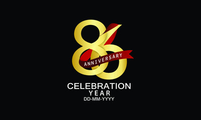 86 year anniversary red ribbon celebration logotype. anniversary logo with Red text and Spark light gold color isolated on black background, design for celebration, invitation - vector