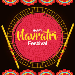 happy navratri celebration poster with gold circular frame and decoration