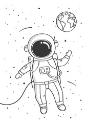 Astrounaut floating in space. Hand drawn sketch design illustration. Childish print for nursery. Vector.