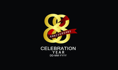 88 year anniversary red ribbon celebration logotype. anniversary logo with Red text and Spark light gold color isolated on black background, design for celebration, invitation - vector