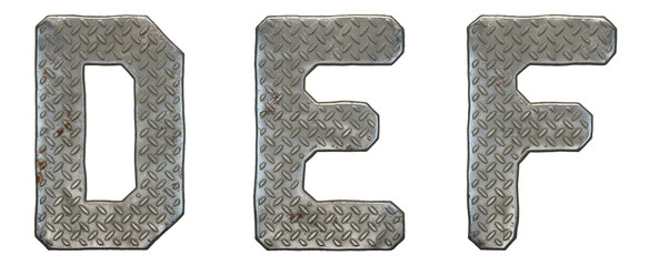 Set of capital letters D, E, F made of industrial metal isolated on white background. 3d