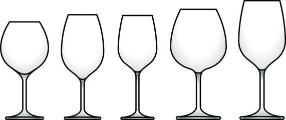 A selection of glasses: general, red, burgundy, bordeaux and white wines.