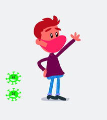  young man dressed casually  with mask and virus COVID explaining something while pointing
