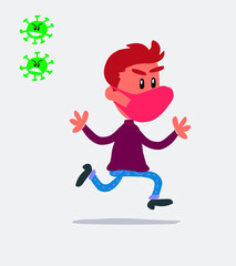  young man dressed casually  with mask and virus COVID running very pleased
