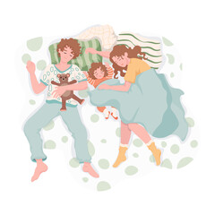 Family resting and hugging each other at night. Mother, father, and daughter sleep together on the bed and dreaming vector flat illustration. Everyday life, family time together.