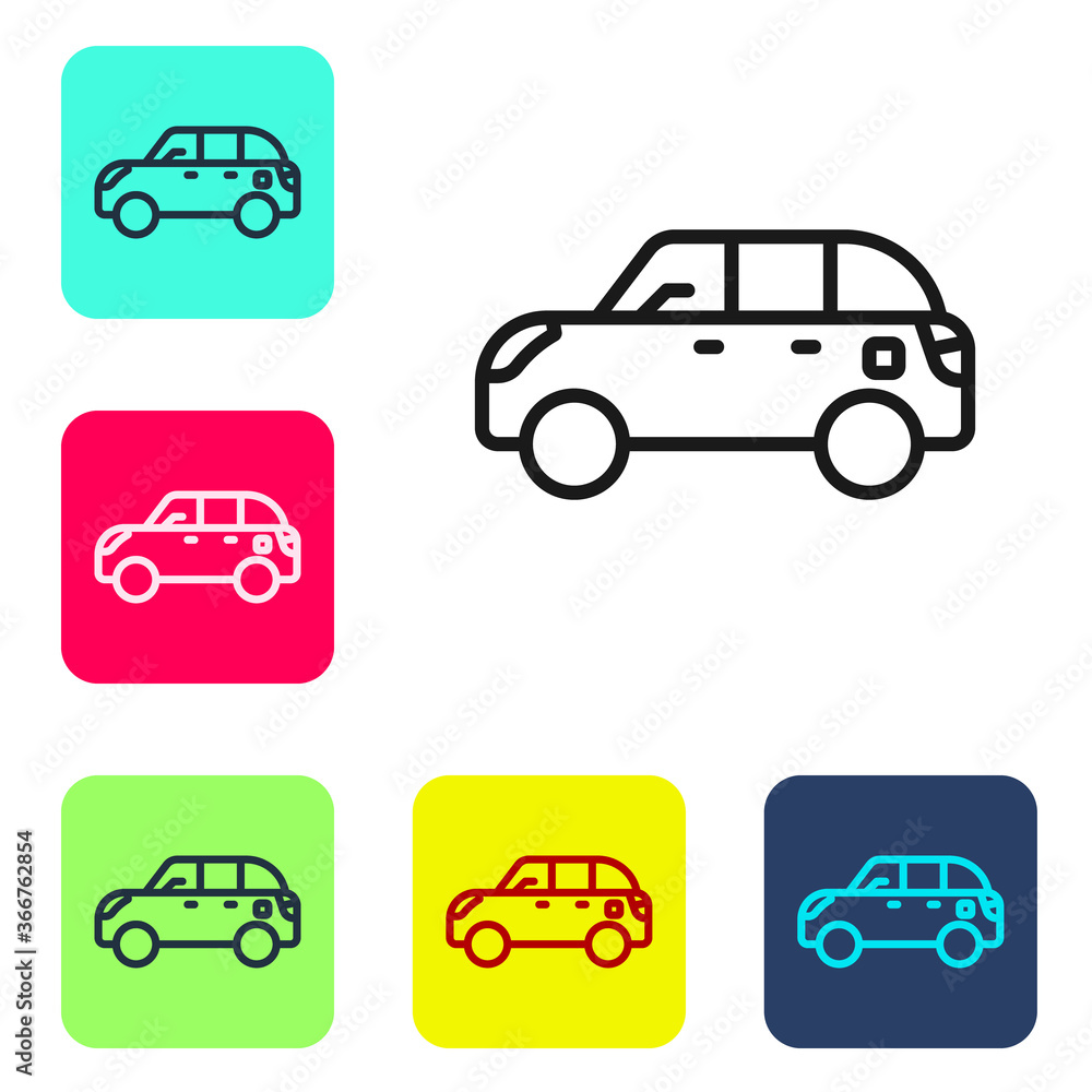 Poster black line hatchback car icon isolated on white background. set icons in color square buttons. vecto