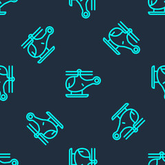 Green line Helicopter aircraft vehicle icon isolated seamless pattern on blue background. Vector.