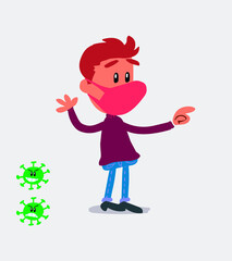  young man dressed casu young man dressed casually  with mask and virus COVID smiling while pointing
inting
