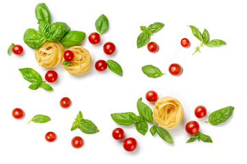 Cherry tomatoes, pasta and basil leaves on a white isolated background. Flat lay, copy space. Gamedients for dinner.
