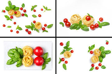 Photo set with cherry tomatoes, pasta and basil leaves on a white isolated background. Copy space, flat lay. Fresh food.