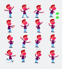 Cartoon character  young man dressed casually with mask and virus COVID in smart casual style. Set with different postures, attitudes and poses, doing different activities in isolated vector illustrat