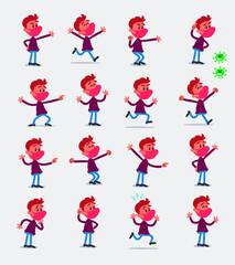 Cartoon character  young man dressed casually with mask and virus COVID in smart casual style. Set with different postures, attitudes and poses, doing different activities in isolated vector illustrat