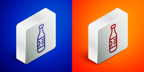 Isometric line Bottle of water icon isolated on blue and orange background. Soda aqua drink sign. Silver square button. Vector.