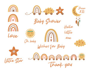 Baby shower phrases for boho invitations. Cute baby rainbows train, little star, cloud, moon Quotes © Tani Kuzminka