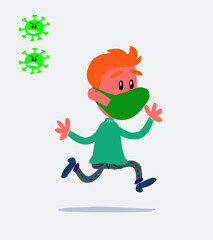  young man dressed casually  with mask and virus COVID running happily
