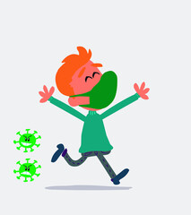  young man dressed casually  with mask and virus COVID running euphoric

