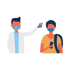male doctor holding thermometer gun checking man temperature vector design