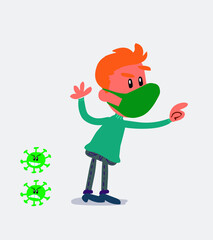  young man dressed casu young man dressed casually  with mask and virus COVID pointing while arguing