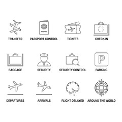 Simple Line Set of Airport Related Vector Icons. Contains Such Icons as Departures, Arrivals, Flight Delayed, Around The World, Tickets, Baggage, and more. Perfect Icon.