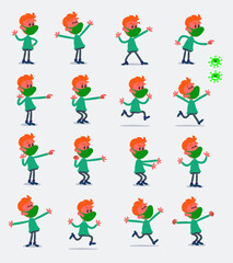 Cartoon character young man dressed casually with mask and virus COVID in smart casual style. Set with different postures, attitudes and poses, doing different activities in isolated vector illustrati