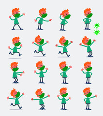 Cartoon character young man dressed casually with mask and virus COVID in smart casual style. Set with different postures, attitudes and poses, doing different activities in isolated vector illustrati