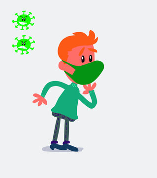  young man dressed casually  with mask and virus COVID unpleasantly surprised
