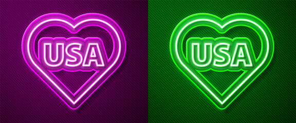 Glowing neon line USA Independence day icon isolated on purple and green background. 4th of July. United States of America country. Vector.