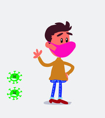  young man dressed casually  with mask and virus COVID waving happily
