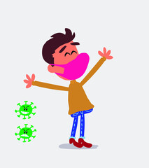  young man dressed casually  with mask and virus COVID celebrating something with joy
